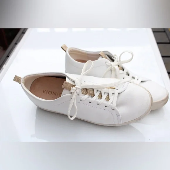 Vionic White Leather Low-Top Sneakers with Gold Accents - Picture 4 of 12